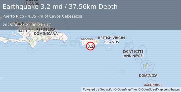 Earthquake 9 km S of Santa Isabel, Puerto Rico (3.2 md) (2025-06-27 21:08:21 UTC)