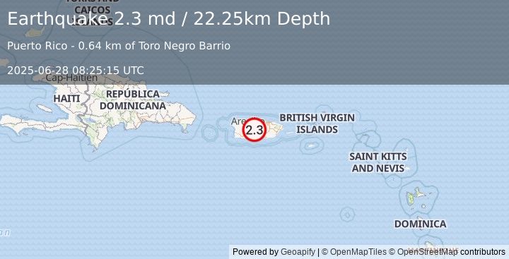 Earthquake 8 km E of Jayuya, Puerto Rico (2.3 md) (2025-06-28 08:25:15 UTC)