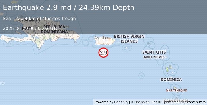 Earthquake 64 km SSW of Santa Isabel, Puerto Rico (2.9 md) (2025-06-29 06:02:02 UTC)