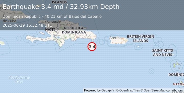 Earthquake 71 km S of Boca de Yuma, Dominican Republic (3.4 md) (2025-06-29 16:32:48 UTC)