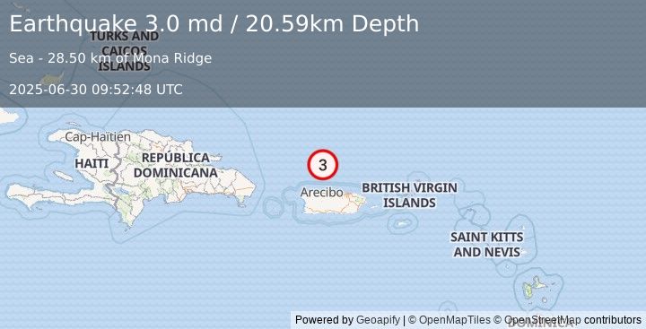 Earthquake 70 km N of Carrizales, Puerto Rico (3.0 md) (2025-06-30 09:52:48 UTC)
