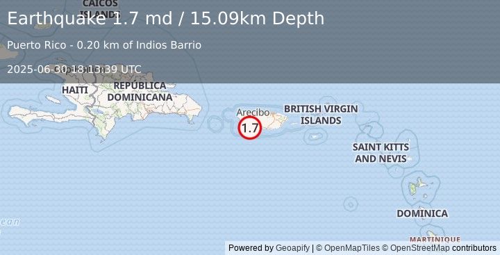 Earthquake 1 km NNE of Indios, Puerto Rico (1.7 md) (2025-06-30 18:13:39 UTC)