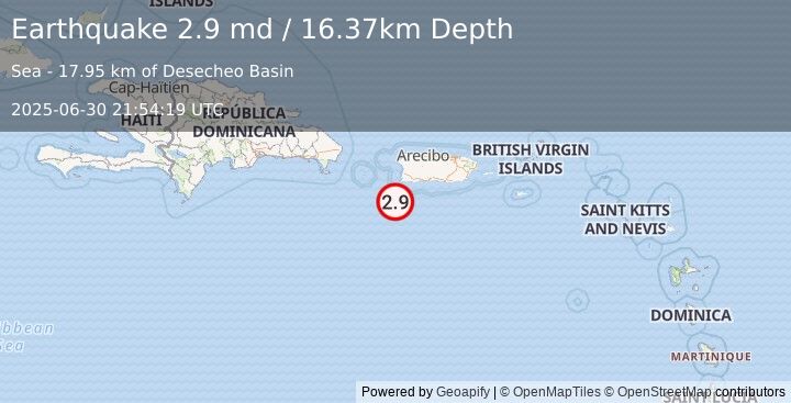 Earthquake 43 km SSW of Pole Ojea, Puerto Rico (2.9 md) (2025-06-30 21:54:19 UTC)