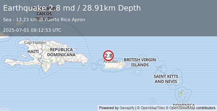Earthquake 41 km N of Hatillo, Puerto Rico (2.8 md) (2025-07-01 08:12:53 UTC)