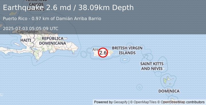 Earthquake 3 km WNW of Orocovis, Puerto Rico (2.6 md) (2025-07-03 05:05:09 UTC)