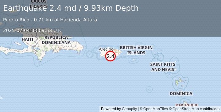 Earthquake 2 km WSW of El Ojo, Puerto Rico (2.4 md) (2025-07-04 03:09:53 UTC)