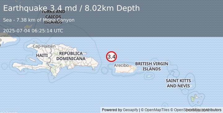 Earthquake 71 km NNW of San Antonio, Puerto Rico (3.4 md) (2025-07-04 06:25:14 UTC)