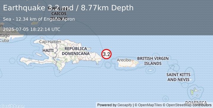 Earthquake 53 km NE of Punta Cana, Dominican Republic (3.2 md) (2025-07-05 18:22:14 UTC)