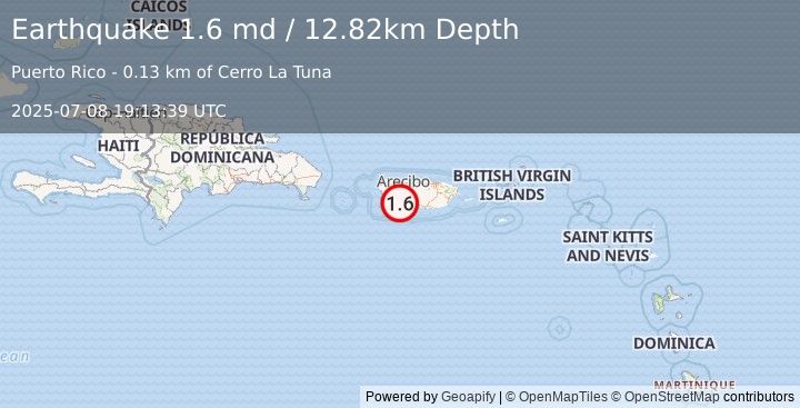 Earthquake 2 km NNE of Guayanilla, Puerto Rico (1.6 md) (2025-07-08 19:13:39 UTC)