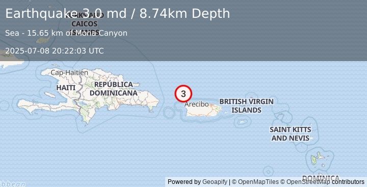 Earthquake 48 km NNW of San Antonio, Puerto Rico (3.0 md) (2025-07-08 20:22:03 UTC)