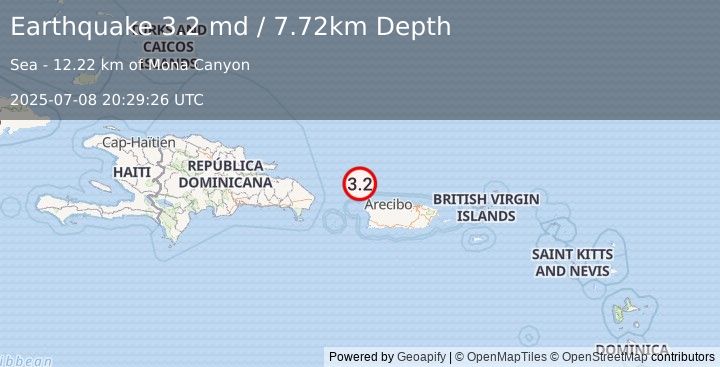 Earthquake 51 km NNW of San Antonio, Puerto Rico (3.2 md) (2025-07-08 20:29:26 UTC)