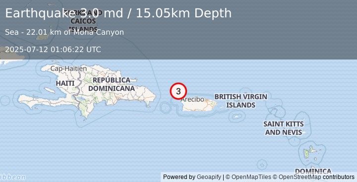 Earthquake 42 km NW of San Antonio, Puerto Rico (3.0 md) (2025-07-12 01:06:22 UTC)