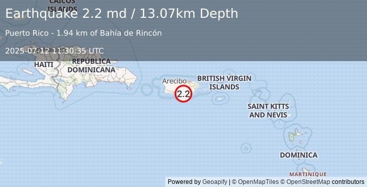 Earthquake 4 km SSW of Las Ochenta, Puerto Rico (2.2 md) (2025-07-12 11:30:35 UTC)