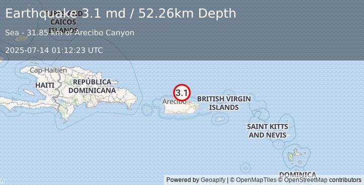 Earthquake 40 km N of Brenas, Puerto Rico (3.1 md) (2025-07-14 01:12:23 UTC)