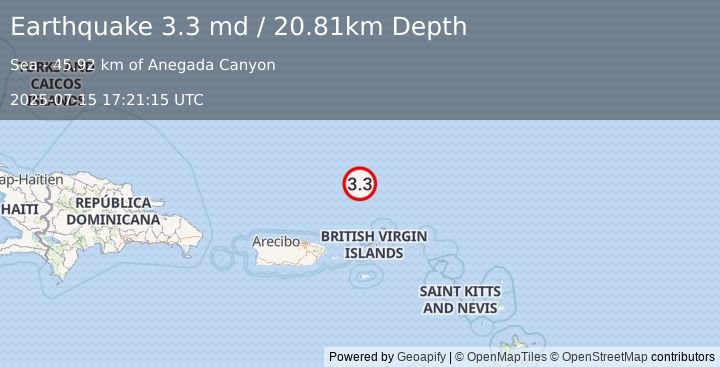 Earthquake 146 km N of Charlotte Amalie, U.S. Virgin Islands (3.3 md) (2025-07-15 17:21:15 UTC)