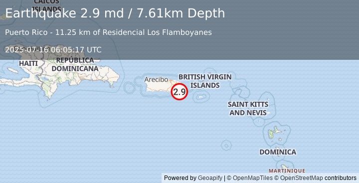 Earthquake 18 km ESE of El Negro, Puerto Rico (2.9 md) (2025-07-16 06:05:17 UTC)