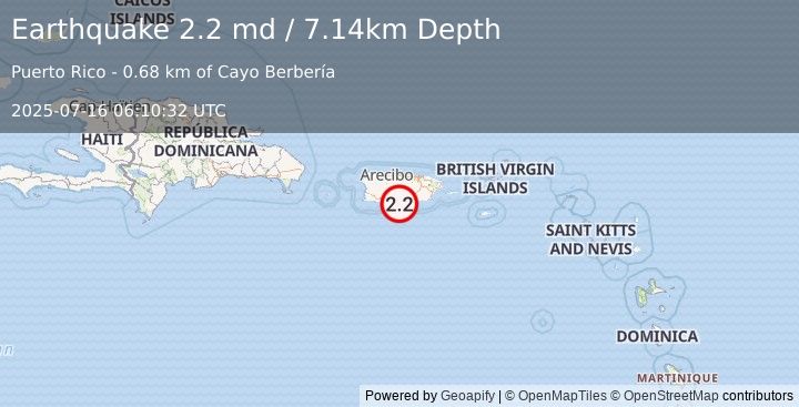 Earthquake 6 km SSW of Playita Cortada, Puerto Rico (2.2 md) (2025-07-16 06:10:32 UTC)