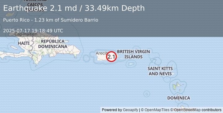 Earthquake 2 km N of Santa Clara, Puerto Rico (2.1 md) (2025-07-17 19:18:49 UTC)