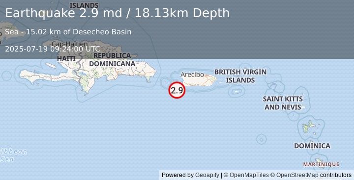 Earthquake 29 km SW of Pole Ojea, Puerto Rico (2.9 md) (2025-07-19 09:24:00 UTC)