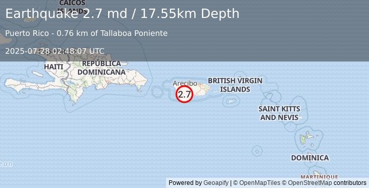 Earthquake 3 km ENE of Magas Arriba, Puerto Rico (2.7 md) (2025-07-28 02:48:07 UTC)