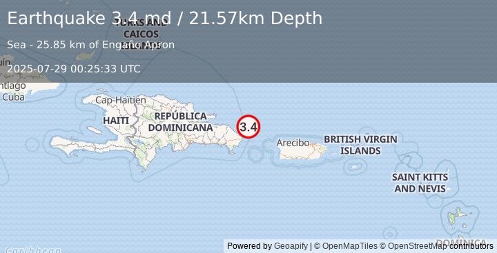 Earthquake 50 km NE of Punta Cana, Dominican Republic (3.4 md) (2025-07-29 00:25:33 UTC)