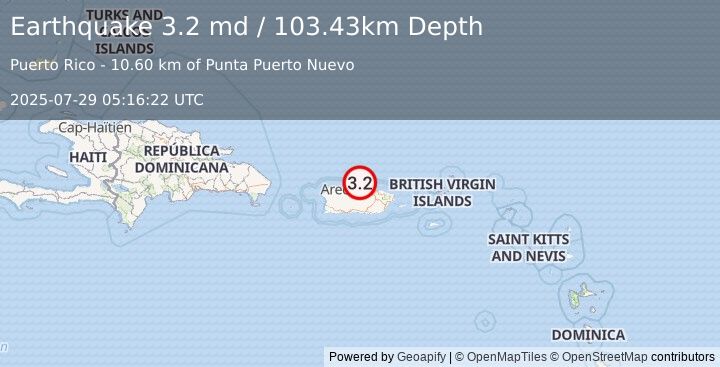 Earthquake 13 km NNW of Brenas, Puerto Rico (3.2 md) (2025-07-29 05:16:22 UTC)