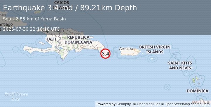 Earthquake 47 km SE of Boca de Yuma, Dominican Republic (3.4 md) (2025-07-30 22:16:18 UTC)