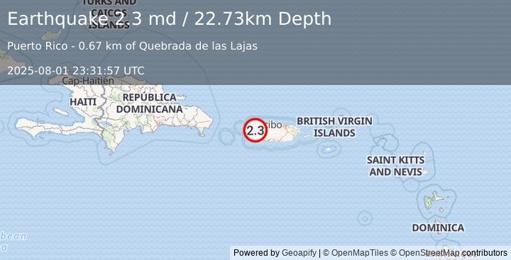 Earthquake 4 km SW of San Sebastián, Puerto Rico (2.3 md) (2025-08-01 23:31:57 UTC)