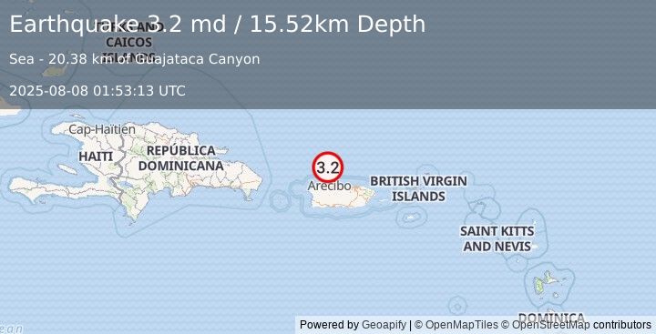Earthquake 45 km N of Carrizales, Puerto Rico (3.2 md) (2025-08-08 01:53:13 UTC)