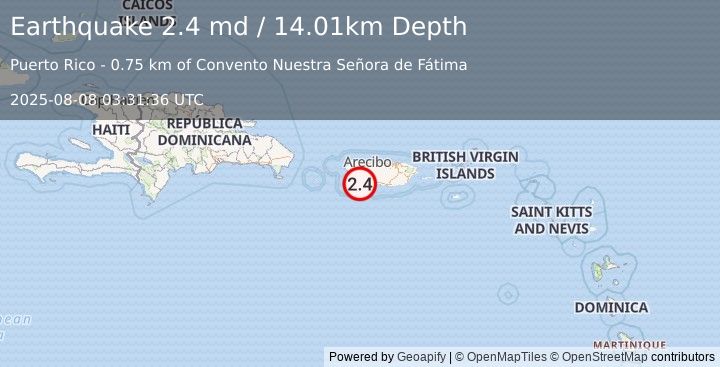 Earthquake 0 km W of Palomas, Puerto Rico (2.4 md) (2025-08-08 03:31:36 UTC)