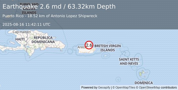 Earthquake 21 km NNE of Dorado, Puerto Rico (2.6 md) (2025-08-16 11:42:11 UTC)