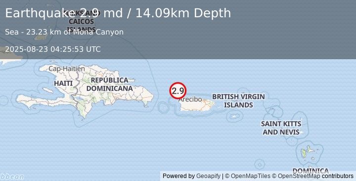 Earthquake 40 km NNW of San Antonio, Puerto Rico (2.9 md) (2025-08-23 04:25:53 UTC)