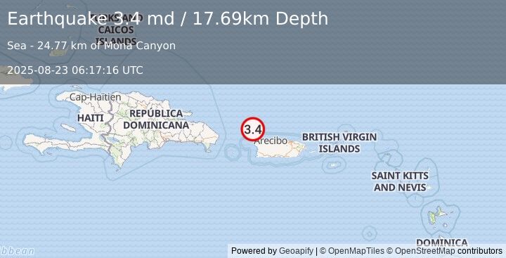 Earthquake 39 km NNW of San Antonio, Puerto Rico (3.4 md) (2025-08-23 06:17:16 UTC)