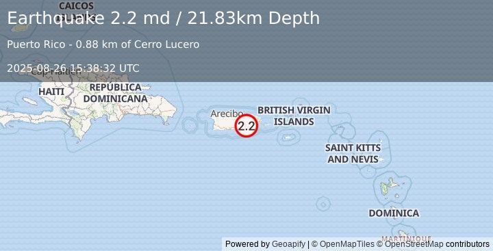 Earthquake 3 km SSE of G. L. Garcia, Puerto Rico (2.2 md) (2025-08-26 15:38:32 UTC)
