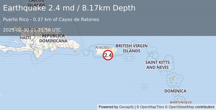 Earthquake 4 km S of Salinas, Puerto Rico (2.4 md) (2025-08-30 01:21:58 UTC)