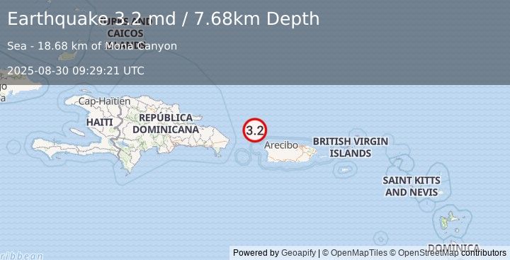 Earthquake 64 km NW of San Antonio, Puerto Rico (3.2 md) (2025-08-30 09:29:21 UTC)