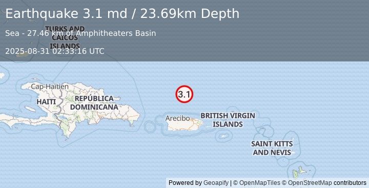 Earthquake 108 km N of Brenas, Puerto Rico (3.1 md) (2025-08-31 02:33:16 UTC)