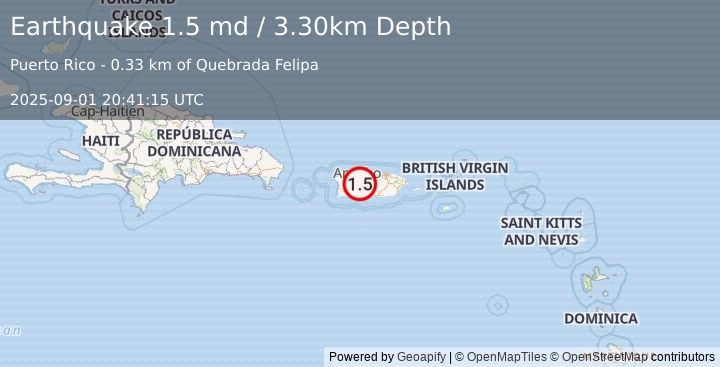 Earthquake 5 km ESE of Utuado, Puerto Rico (1.5 md) (2025-09-01 20:41:15 UTC)