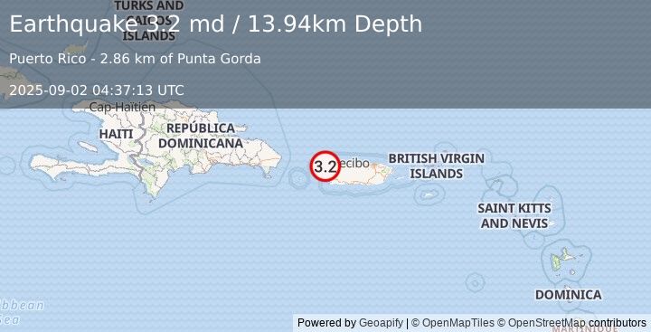 Earthquake 6 km NNW of Rincón, Puerto Rico (3.2 md) (2025-09-02 04:37:13 UTC)