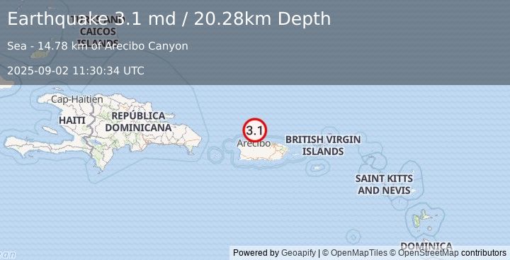 Earthquake 41 km N of Arecibo, Puerto Rico (3.1 md) (2025-09-02 11:30:34 UTC)