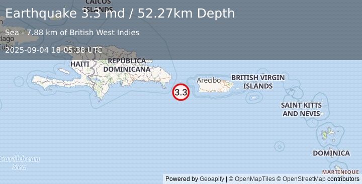 Earthquake 79 km W of Pole Ojea, Puerto Rico (3.3 md) (2025-09-04 18:05:38 UTC)
