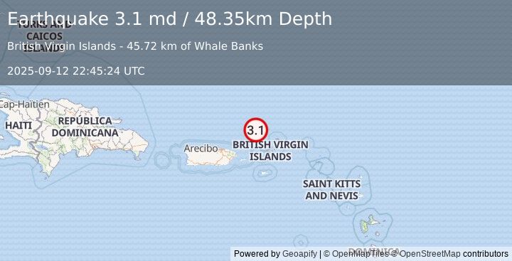 Earthquake 71 km N of Charlotte Amalie, U.S. Virgin Islands (3.1 md) (2025-09-12 22:45:24 UTC)
