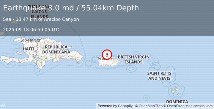 Earthquake 31 km N of Tierras Nuevas Poniente, Puerto Rico (3.0 md) (2025-09-18 06:59:05 UTC)