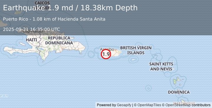 Earthquake 8 km WSW of Adjuntas, Puerto Rico (1.9 md) (2025-09-21 16:35:00 UTC)