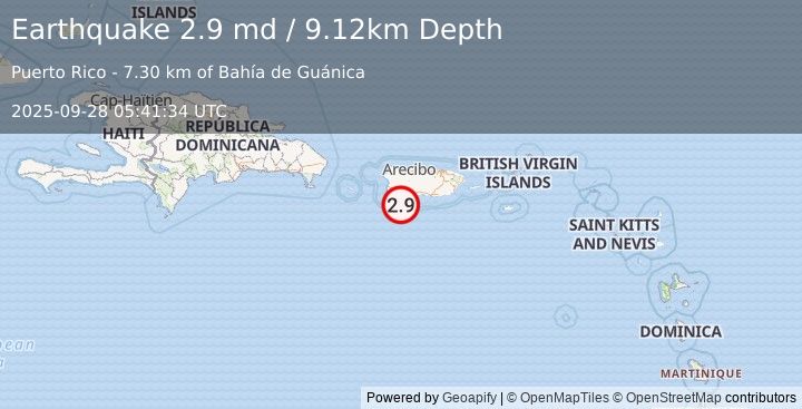 Earthquake 18 km S of Guánica, Puerto Rico (2.9 md) (2025-09-28 05:41:34 UTC)