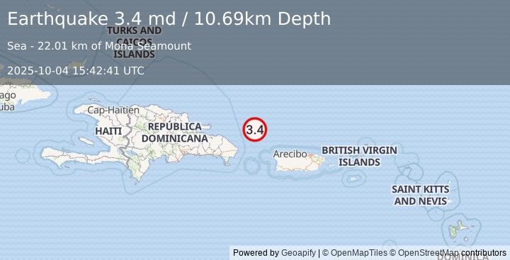 Earthquake 90 km NE of Punta Cana, Dominican Republic (3.4 md) (2025-10-04 15:42:41 UTC)