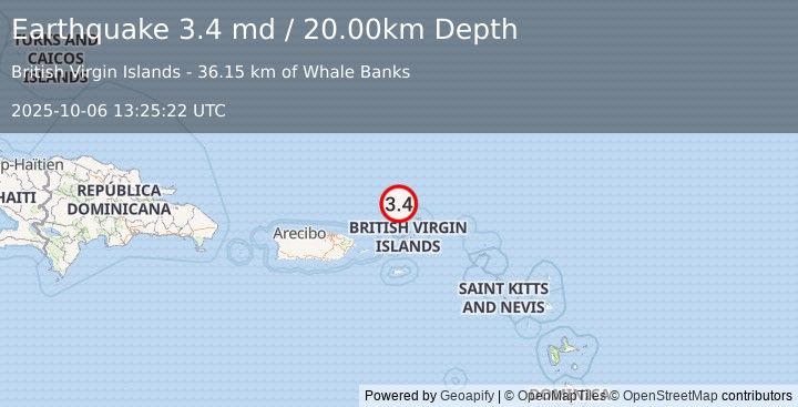 Earthquake 76 km N of Cruz Bay, U.S. Virgin Islands (3.4 md) (2025-10-06 13:25:22 UTC)