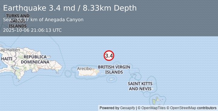 Earthquake 112 km N of Charlotte Amalie, U.S. Virgin Islands (3.4 md) (2025-10-06 21:06:13 UTC)