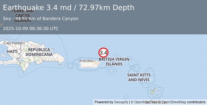 Earthquake 84 km N of Culebra, Puerto Rico (3.4 md) (2025-10-09 08:36:30 UTC)