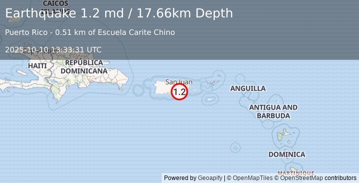 Earthquake 5 km NW of Yaurel, Puerto Rico (1.2 md) (2025-10-10 13:33:31 UTC)